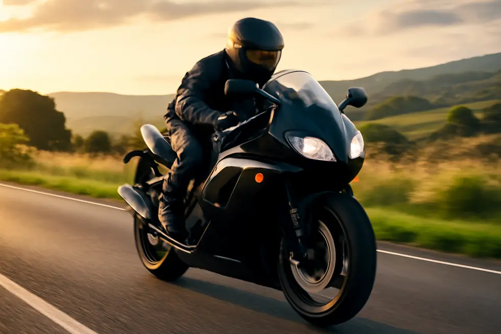 A motorcycle speeding along a road, showcasing an attractive fairing that symbolizes performance and aesthetics.