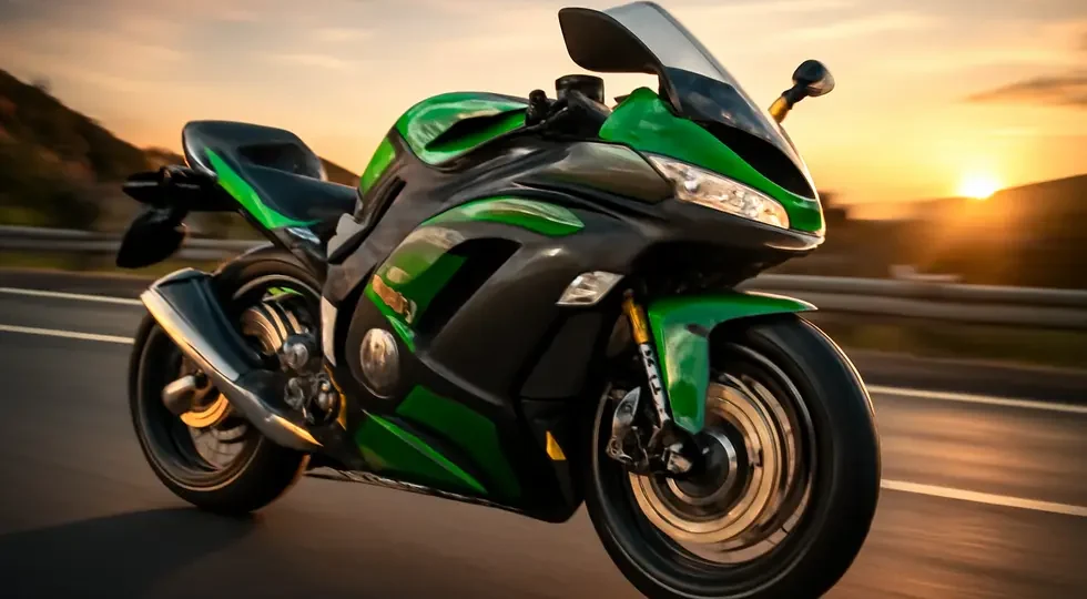 Kawasaki Ninja motorcycle showcasing advanced titanium and carbon fiber fairing kits in high-speed dynamic action.