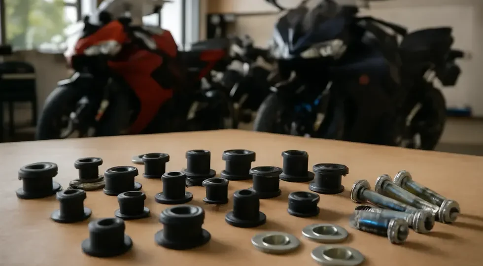 An expansive view of motorcycle fairing grommets and mounting kits arranged on a workbench, highlighting their role in securing fairing panels on various motorcycles.