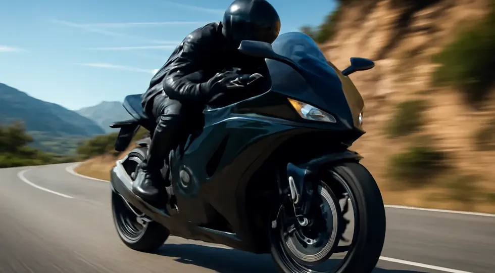 Sportbike showcasing aerodynamic integrated fairing mirrors in a dynamic outdoor setting.