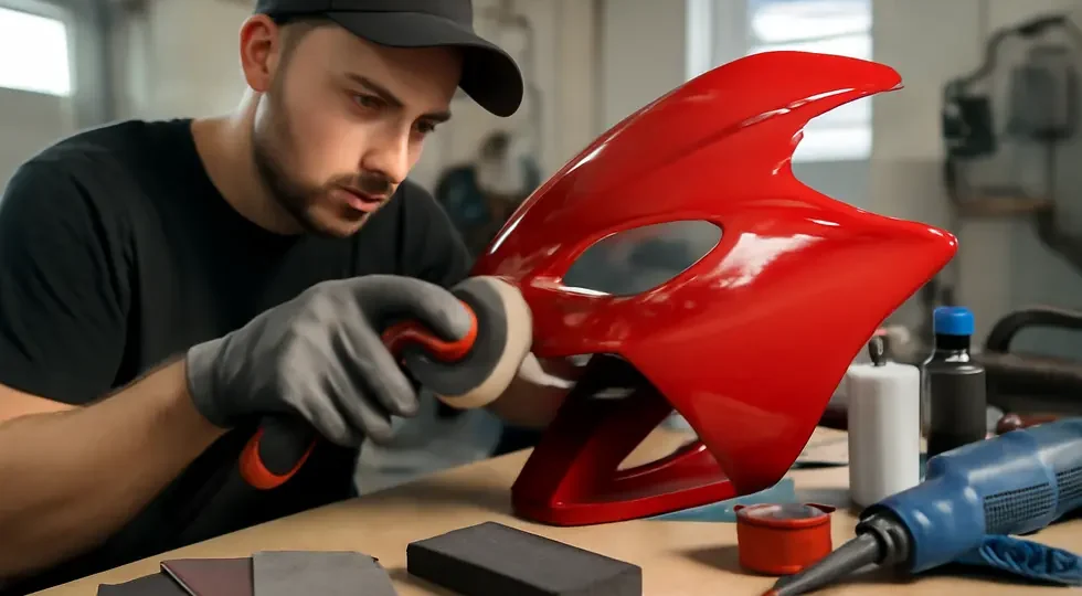 Professional motorcycle fairing scratch repair capturing preparation, polishing, and tool use in a bright, detailed workshop setting.