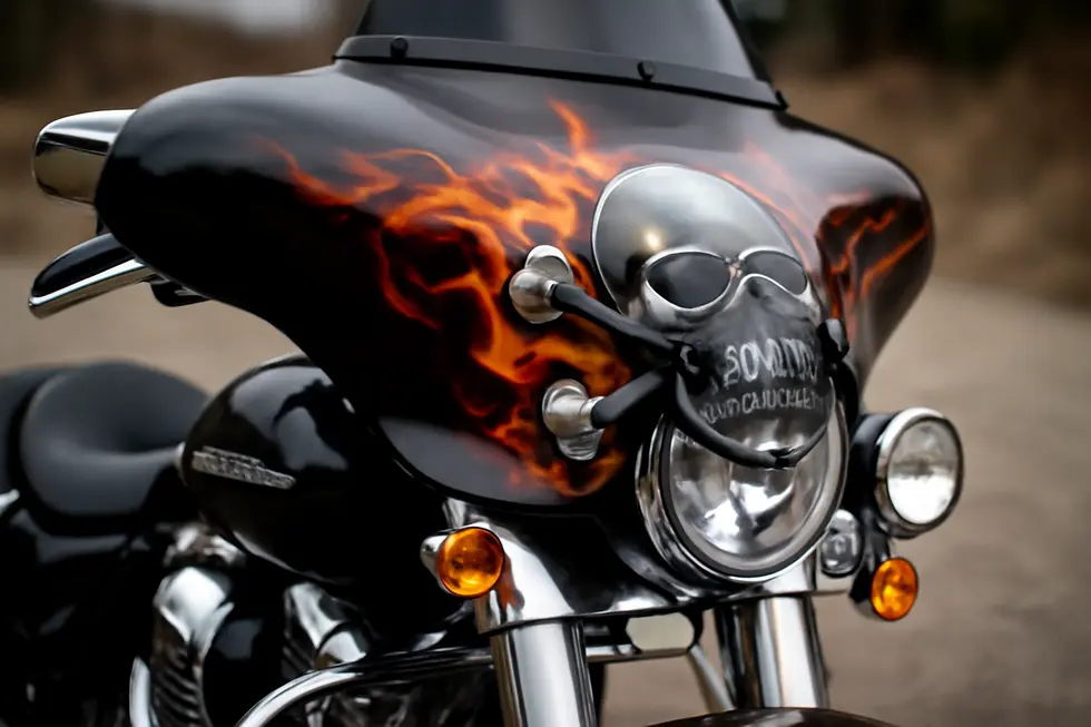 Intricate custom 3D skull and crossbones decals on a Harley-Davidson batwing fairing highlighting design versatility.