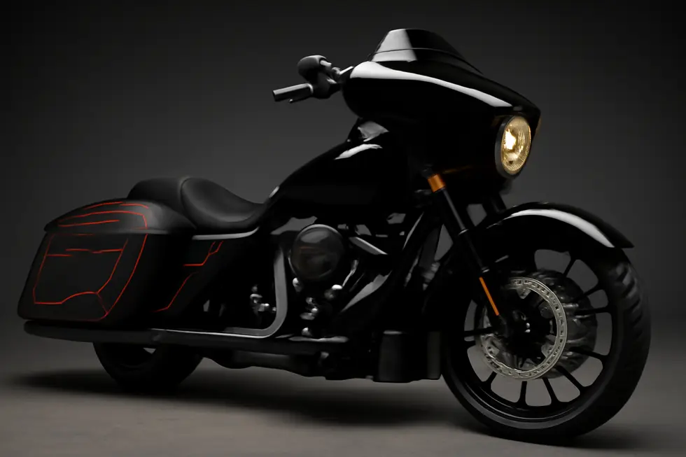 A Harley Touring motorcycle equipped with a model-specific fairing bag designed to perfectly fit the bike’s contours for optimal style and function.