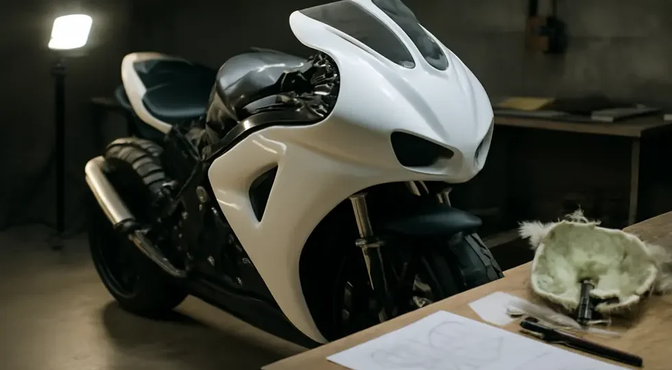A sport motorcycle featuring a custom fairing in a professional workshop highlighting the fabrication process.
