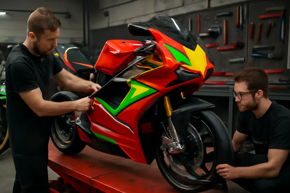 A diverse selection of motorcycle fairing kits representing key materials and finishes available in the UK market.