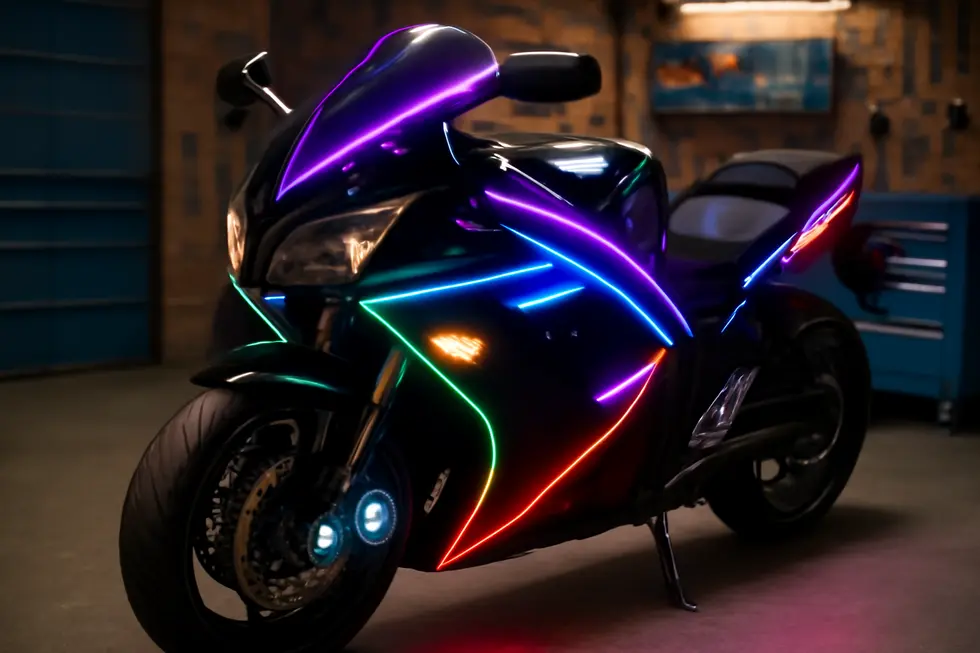 Illustration of various motorcycle fairing lights including LED turn signals, fog lights, and accent illumination enhancing visibility and style.