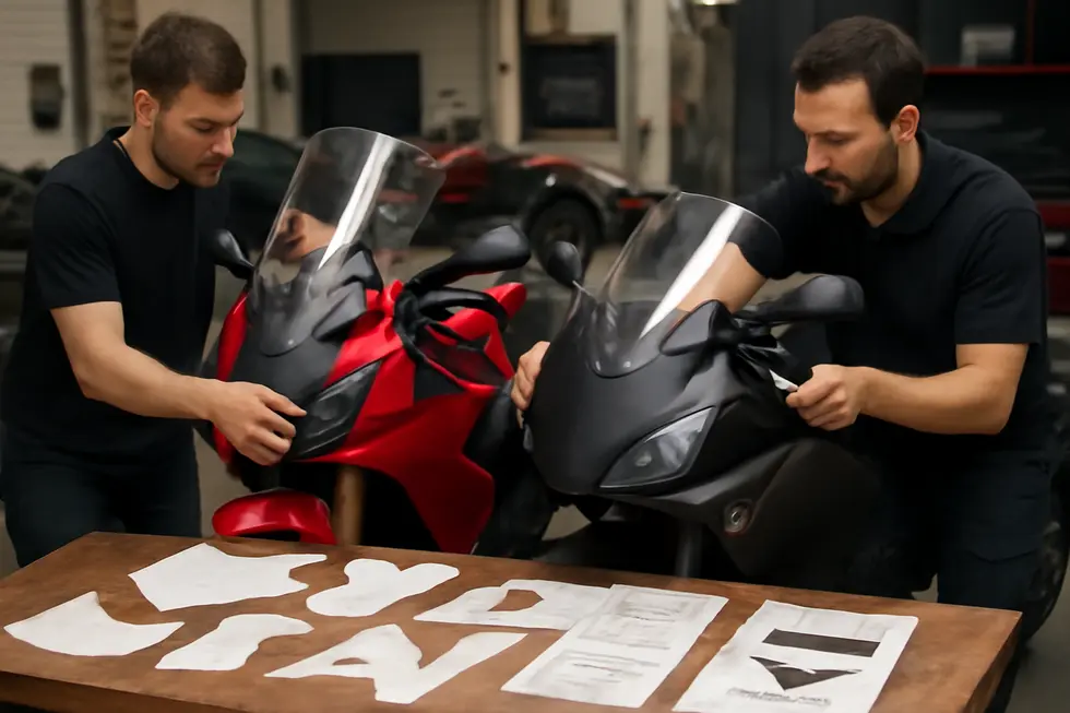 A motorcycle fairing bra made from durable vinyl protects the bike’s front fairing against scratches and debris.