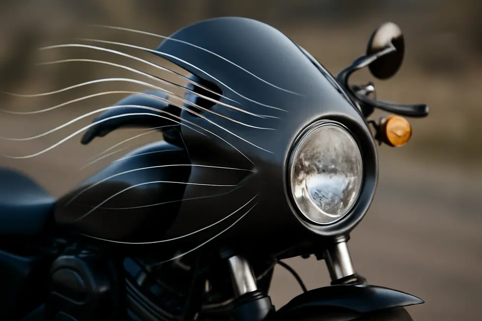 Aerodynamic contours of a motorcycle bikini fairing optimizing airflow around the headlight area.