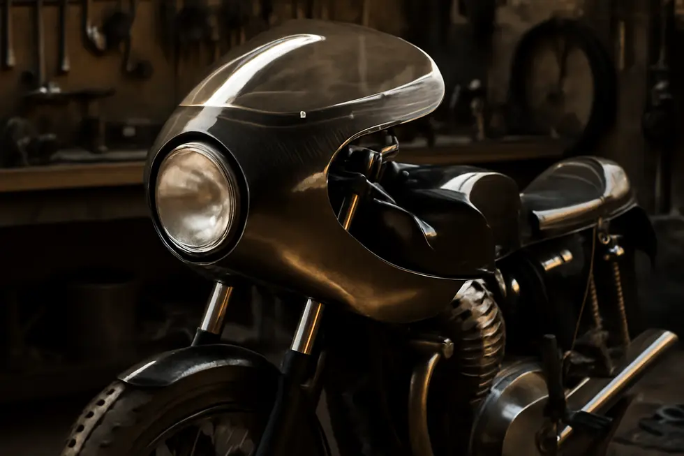 Close-up of a carbon fiber motorcycle café fairing showcasing design elegance and material quality.