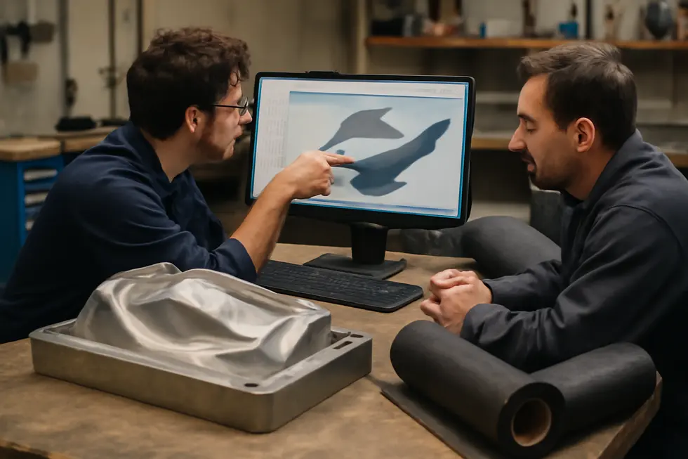 Engineers designing motorcycle fairings and creating precise molds essential for forming carbon fiber components.