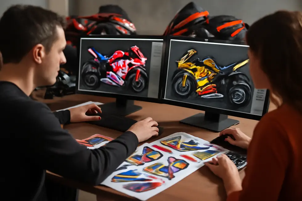 A selection of motorcycle fairing sticker kits displaying different types, materials, and sample applications.