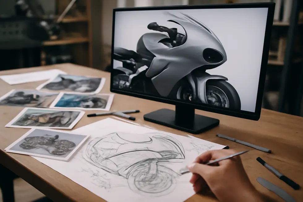 Design sketches and 3D modeling for a custom motorcycle fairing in a professional workspace.