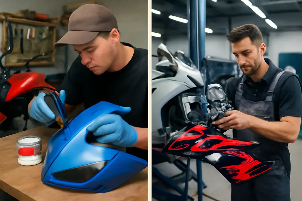Various types of motorcycle fairing damage including cracks, scratches, and broken mounting points laid out for repair assessment.