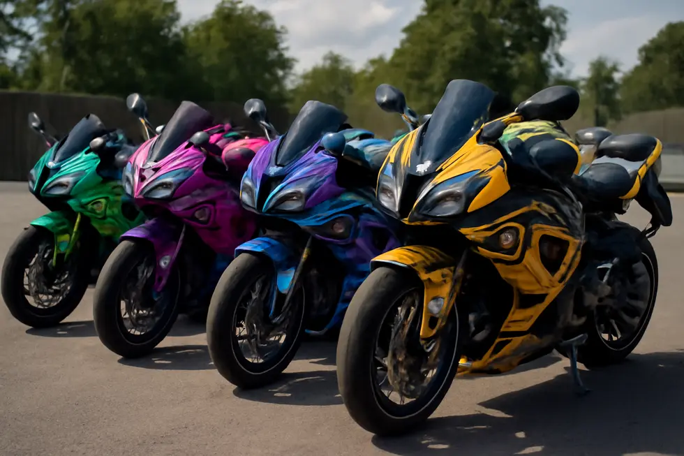Group of motorcycles with various colorful and custom fairing wraps, parked in an outdoor setting.