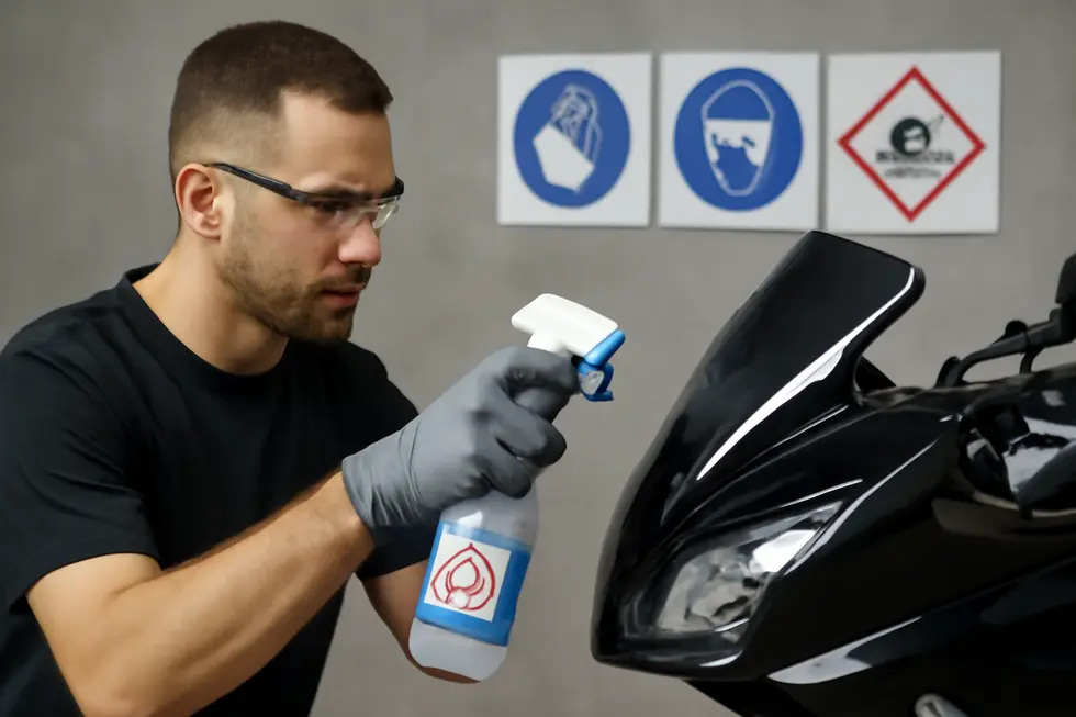 Detailed visualization of the chemical composition and cleaning action of motorcycle fairing cleaners.