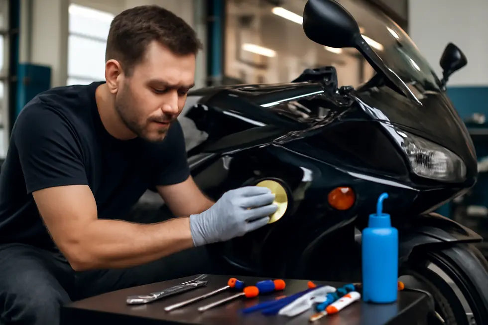 Detailed visualization of the chemical composition and cleaning action of motorcycle fairing cleaners.