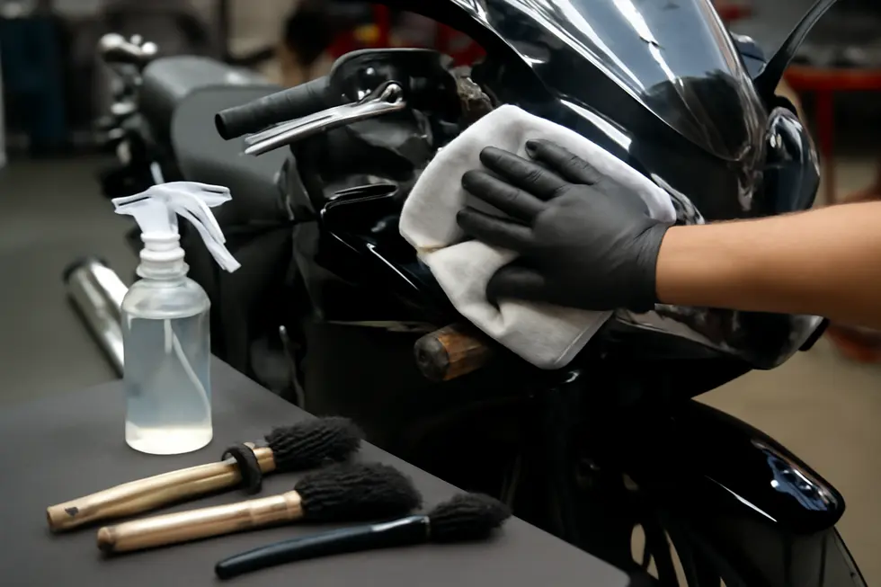 Detailed visualization of the chemical composition and cleaning action of motorcycle fairing cleaners.