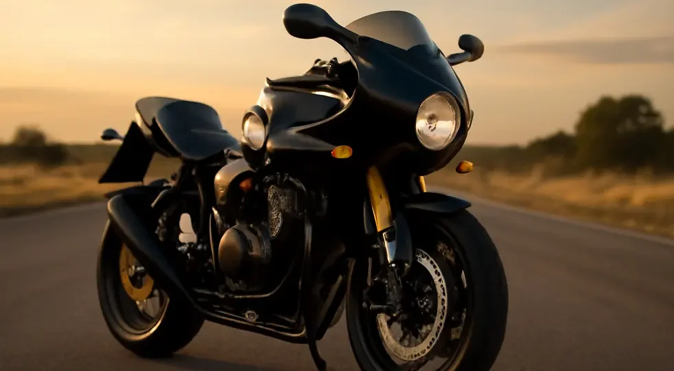 A modern sport motorcycle featuring a sleek black bikini fairing parked on an open road at sunset.