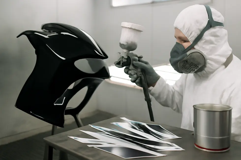 Design sketches and 3D modeling for a custom motorcycle fairing in a professional workspace.