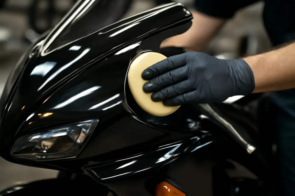 A technician performing delicate cleaning and surface preparation to remove dirt and contaminants from a motorcycle fairing.