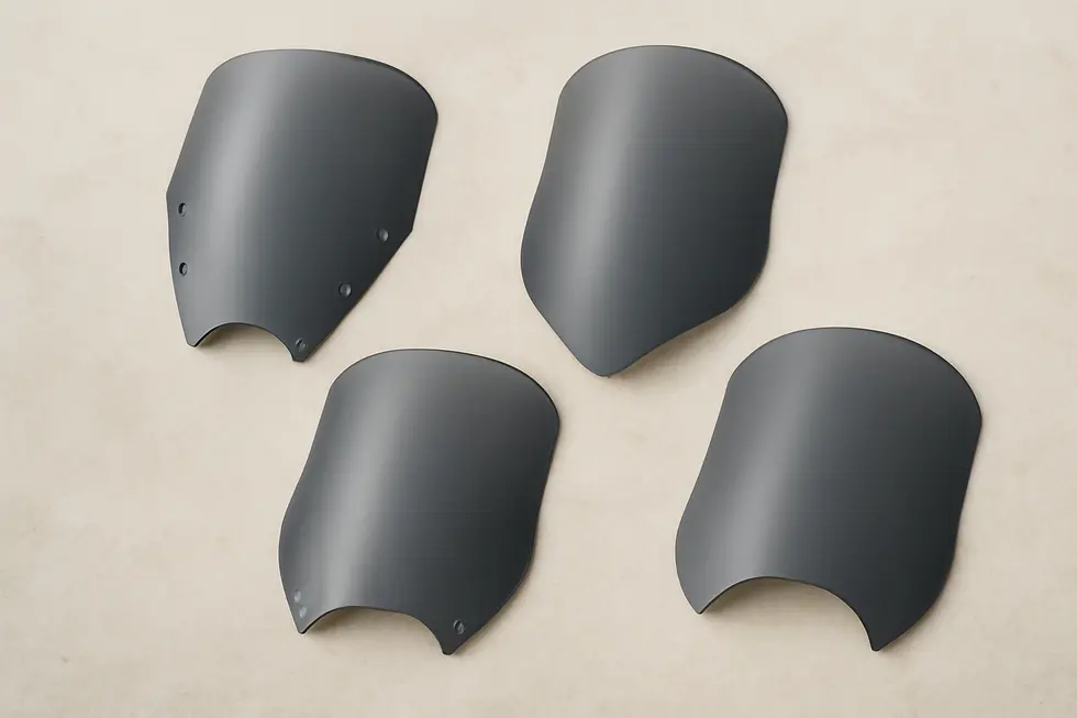 Different types of motorcycle windshields ready for selection.