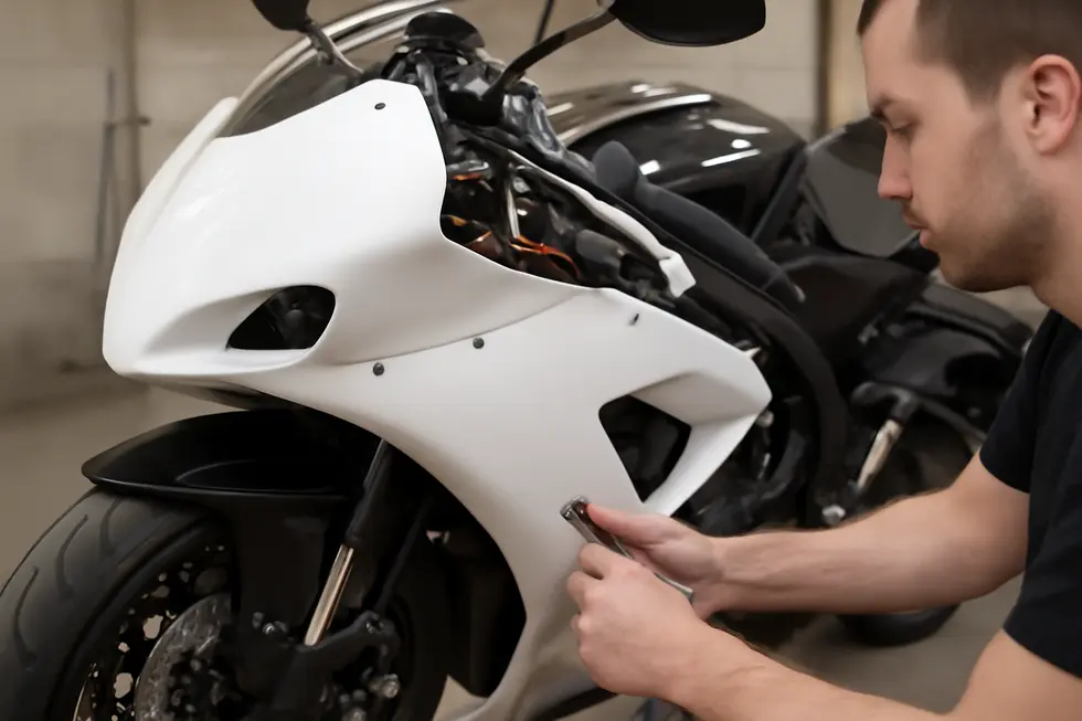 Design sketches and 3D modeling for a custom motorcycle fairing in a professional workspace.