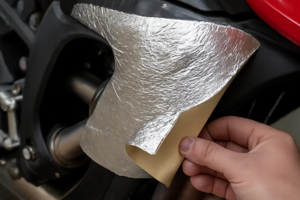 Foil-coated fiberglass cloth featuring adhesive backing applied to protect motorcycle fairings from heat.