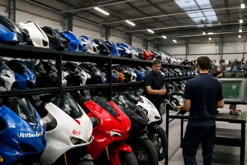Warehouse of global motorcycle fairing suppliers featuring multiple brand fairing panels and quality inspection processes.