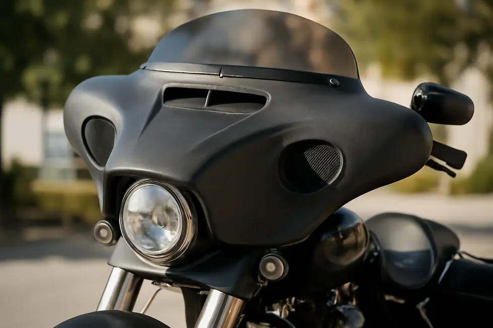 Classic cruiser motorcycle showcasing the iconic batwing fairing design and functional windshield on an open road.