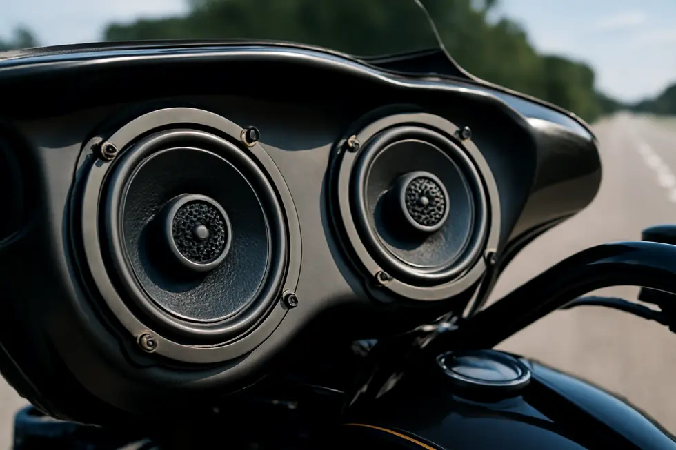 Motorcycle fairing speakers featuring vented magnets and robust design deliver high wattage and clear sound at highway speeds.