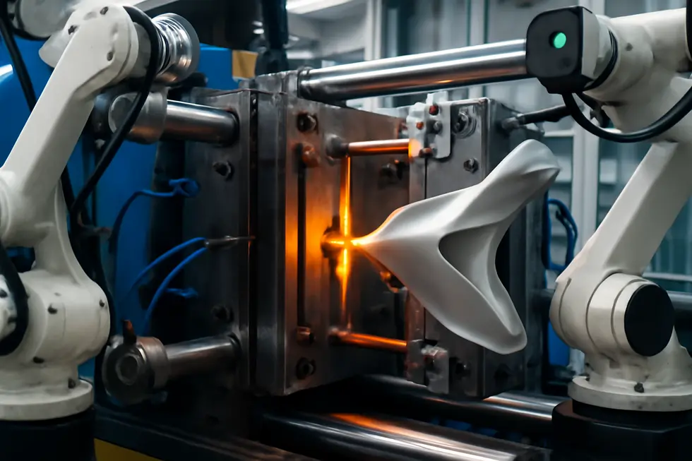 Injection molding of ABS plastic producing precise motorcycle fairing components with advanced machinery.