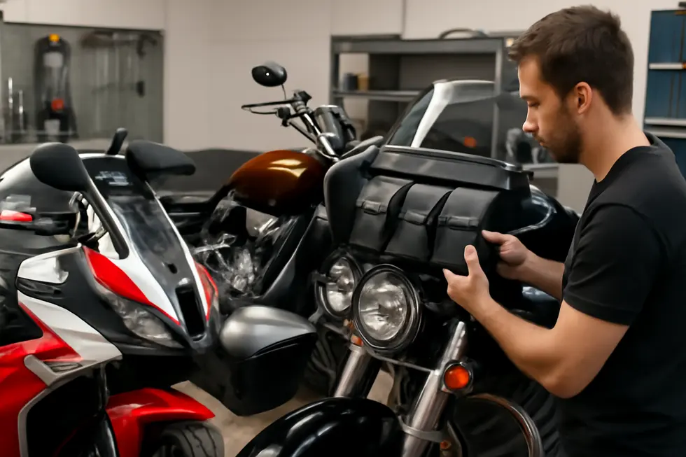 A motorcycle showcasing the design and functional integration of fairing pouches.