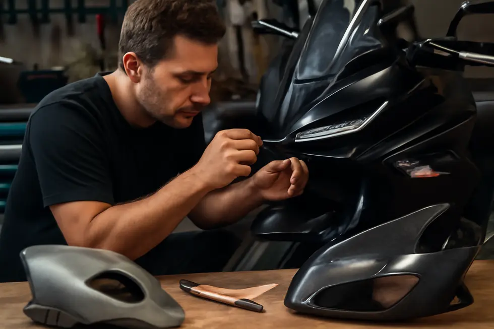 Illustration of various motorcycle fairing lights including LED turn signals, fog lights, and accent illumination enhancing visibility and style.