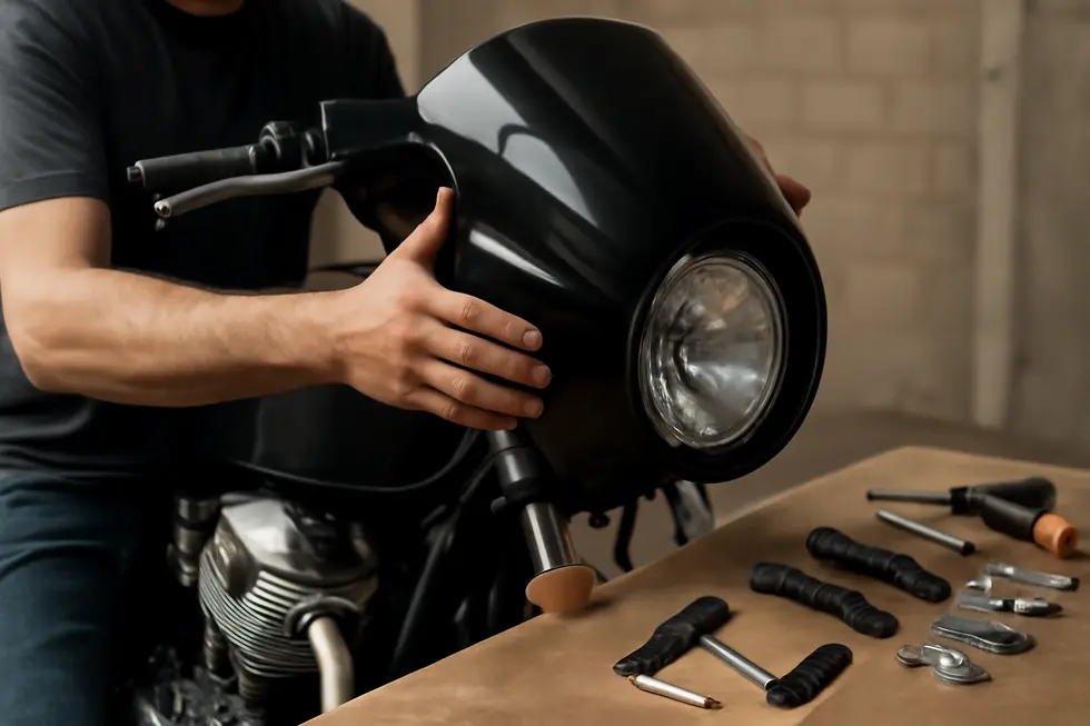 Close-up of a universal motorcycle headlight fairing highlighting its design features.