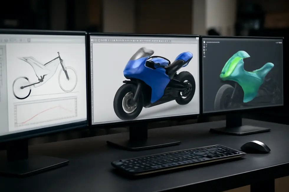 Visualization of MotoSPEC software aligning motorcycle chassis and suspension with fairing design considerations in a professional engineering setup.