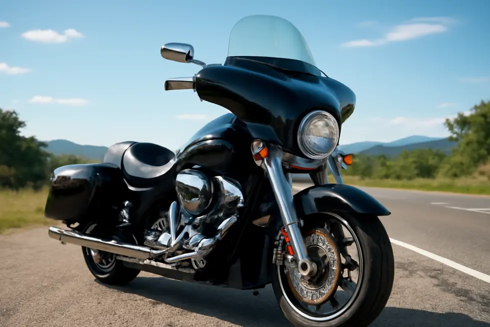 Classic cruiser motorcycle showcasing the iconic batwing fairing design and functional windshield on an open road.