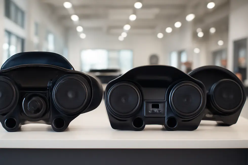 Detailed view of a modern motorcycle fairing stereo system highlighting its protective design and premium speaker components.