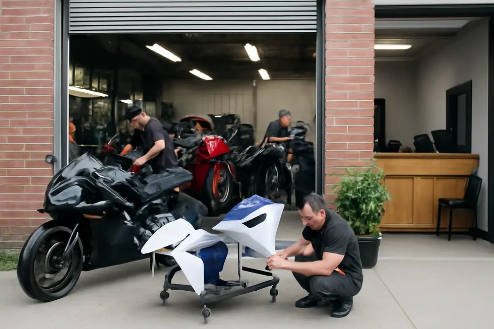 Experienced technicians repairing and customizing motorcycle fairings at a local shop catering to diverse motorcycle models.