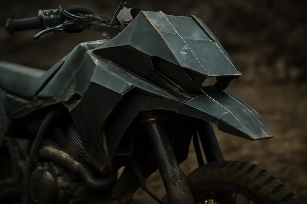 Angular, carbon fiber Mad Max-style fairing emphasizing rugged design and durable materials.