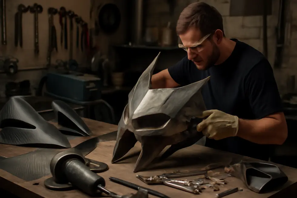 Angular, carbon fiber Mad Max-style fairing emphasizing rugged design and durable materials.