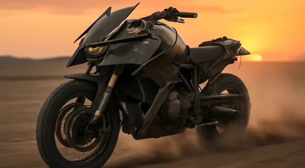 A rugged motorcycle featuring a sharp, aggressive Mad Max-style carbon fiber fairing in a desert landscape.