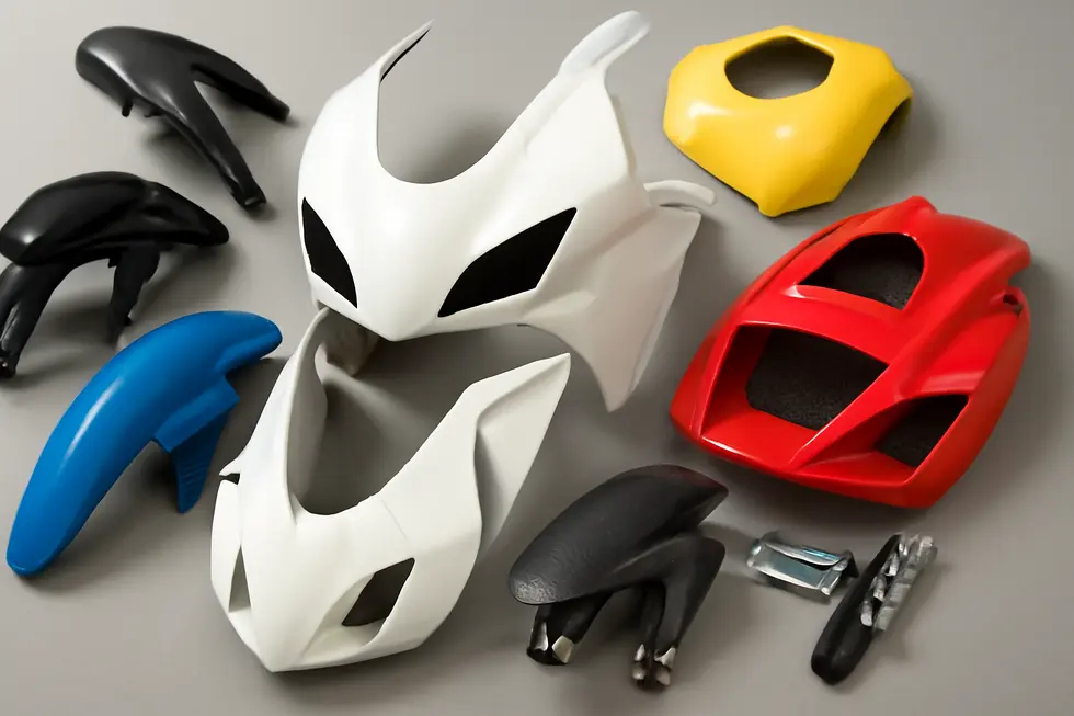 Maier motorcycle fairings with UV-stabilized polypropylene showcasing exceptional durability and high-gloss finish.