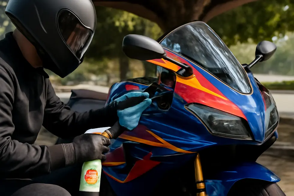Multi-step professional painting process applied to a motorcycle fairing showcasing primer, base coat, metallic flakes, and clear coat.