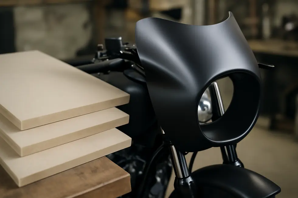 Aerodynamic contours of a motorcycle bikini fairing optimizing airflow around the headlight area.