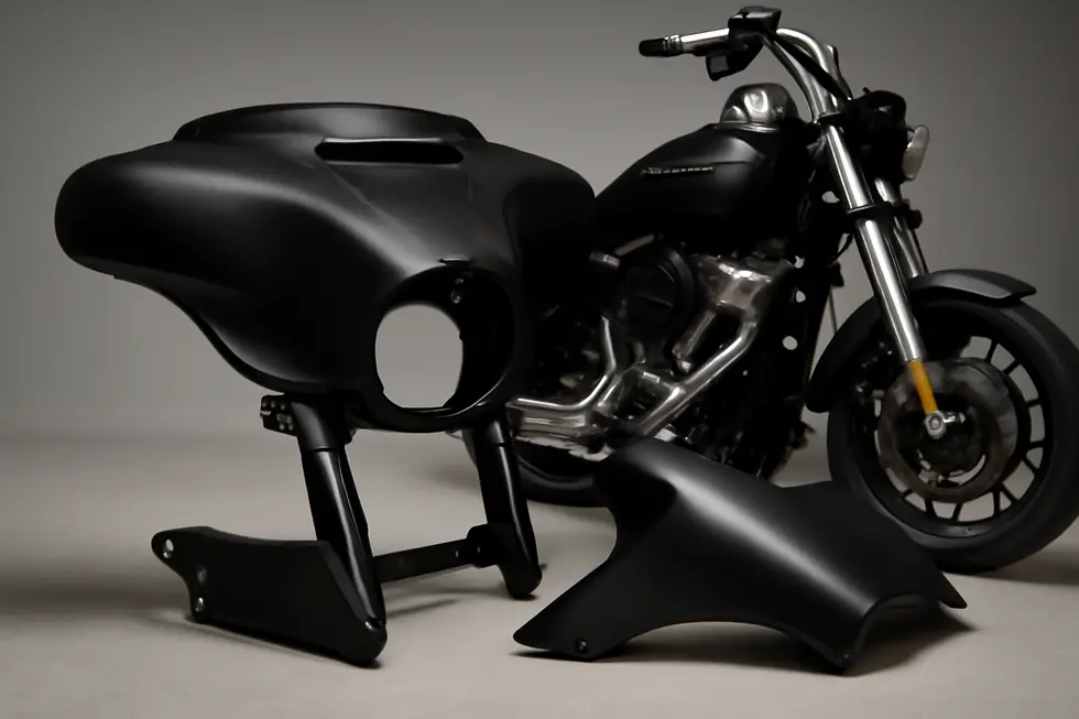 Cruiser motorcycle showcasing the iconic batwing fairing designed for optimal wind deflection and rider comfort.