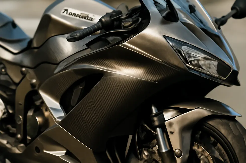 Close-up view showcasing titanium and carbon fiber materials used in high-performance Kawasaki motorcycle fairing kits.