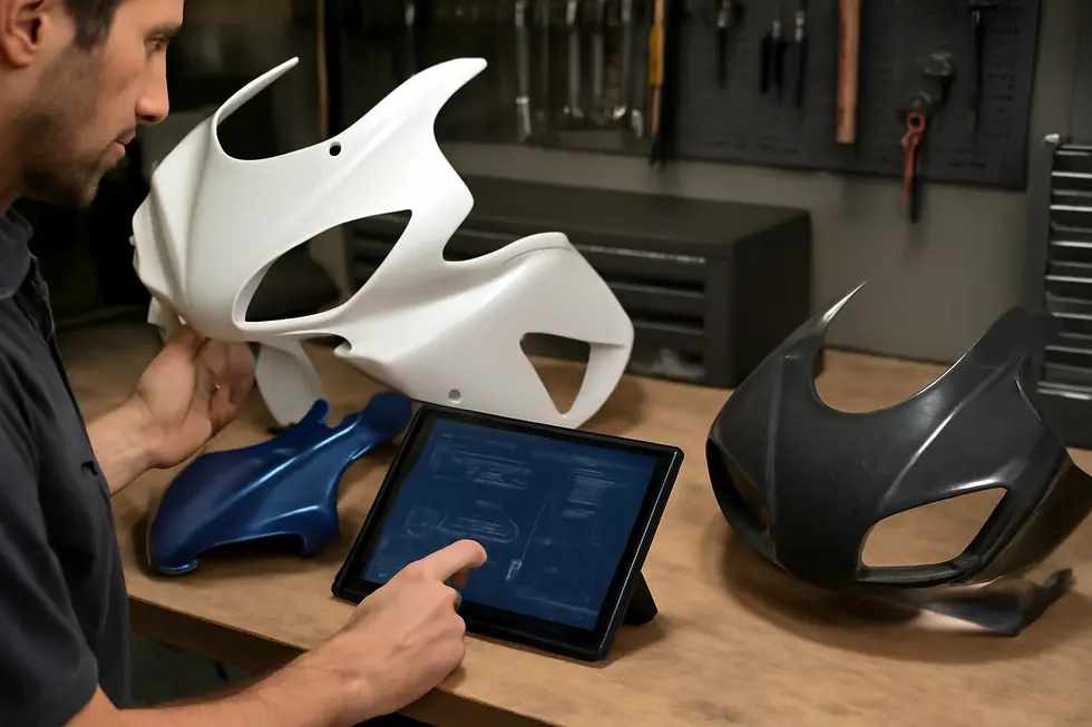 Technician reviewing motorcycle fairings of various materials alongside digital OEM design specifications.