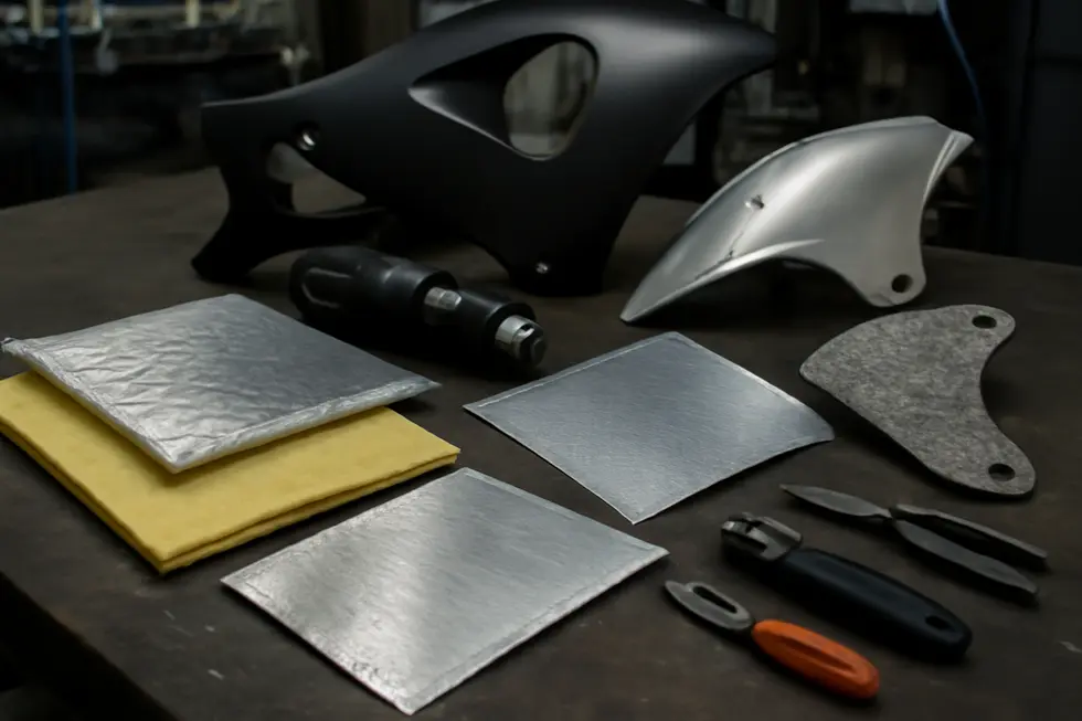 Foil-coated fiberglass and aluminum heat shields shielding motorcycle fairings from engine and exhaust heat.
