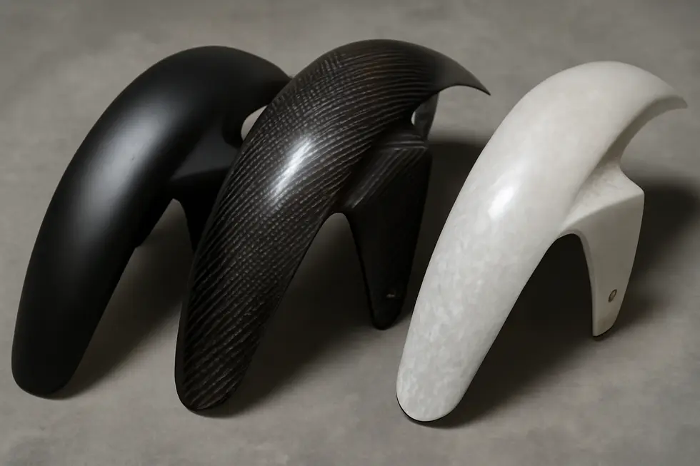 Various types of motorcycle front wheel fairings illustrating the diversity in styles and applications.