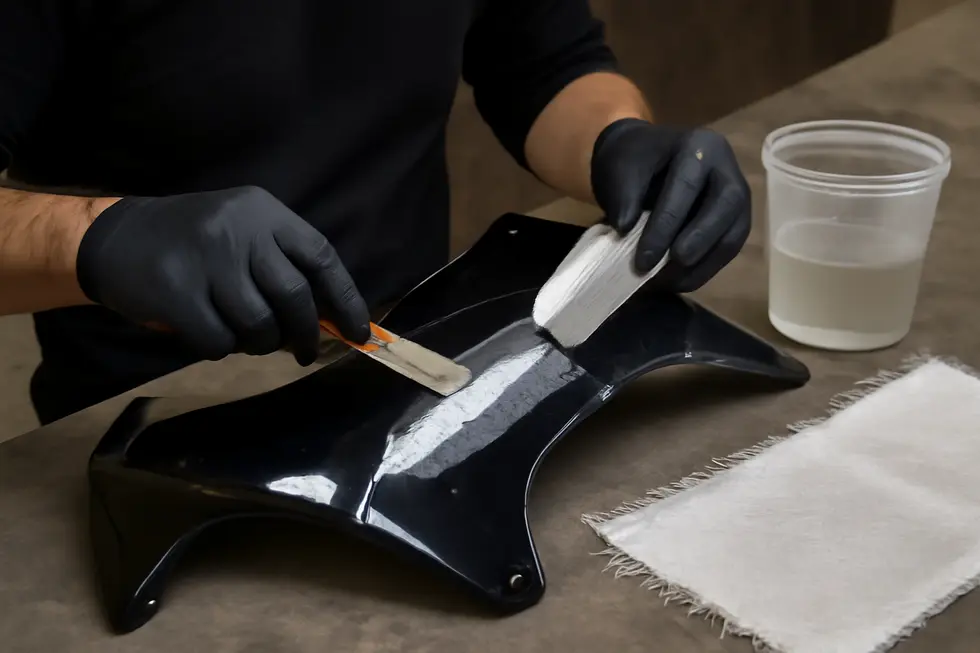 Various types of motorcycle fairing damage including cracks, scratches, and broken mounting points laid out for repair assessment.